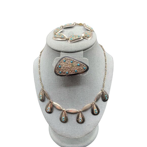 Made in Israel Jerusalem Sterling Silver Jewelry Set Necklace Bracelet Brooch